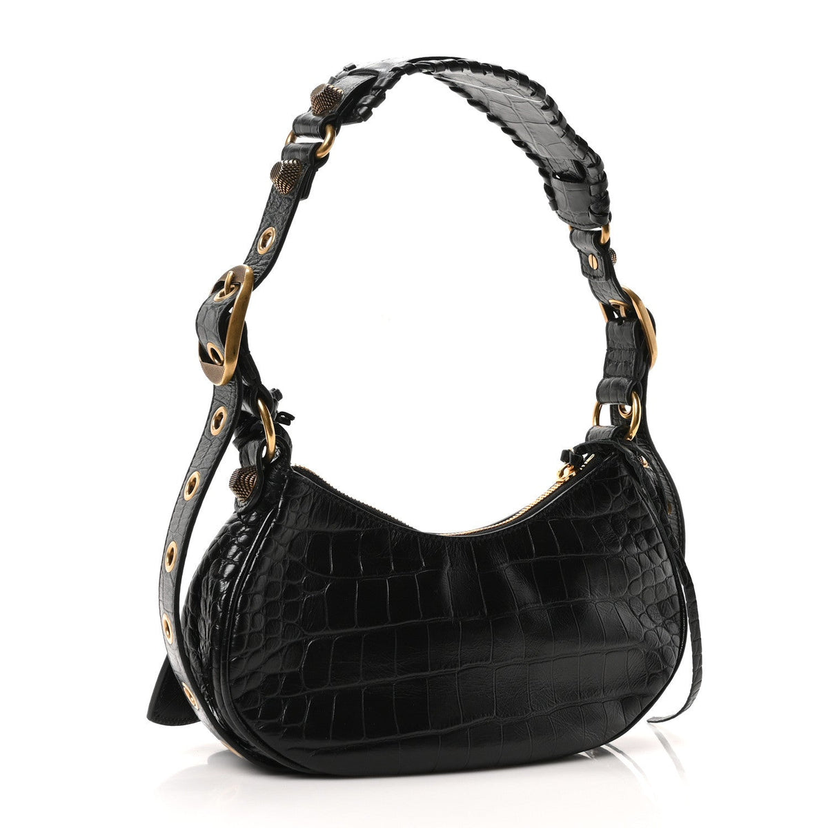 Extra Supple Calfskin Crocodile Embossed Le Cagole Shoulder Bag XS Black