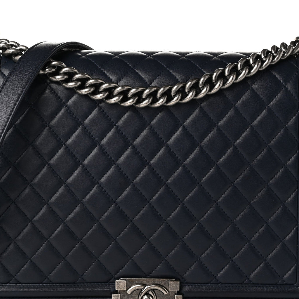 Calfskin Quilted Large Boy Flap Navy Blue
