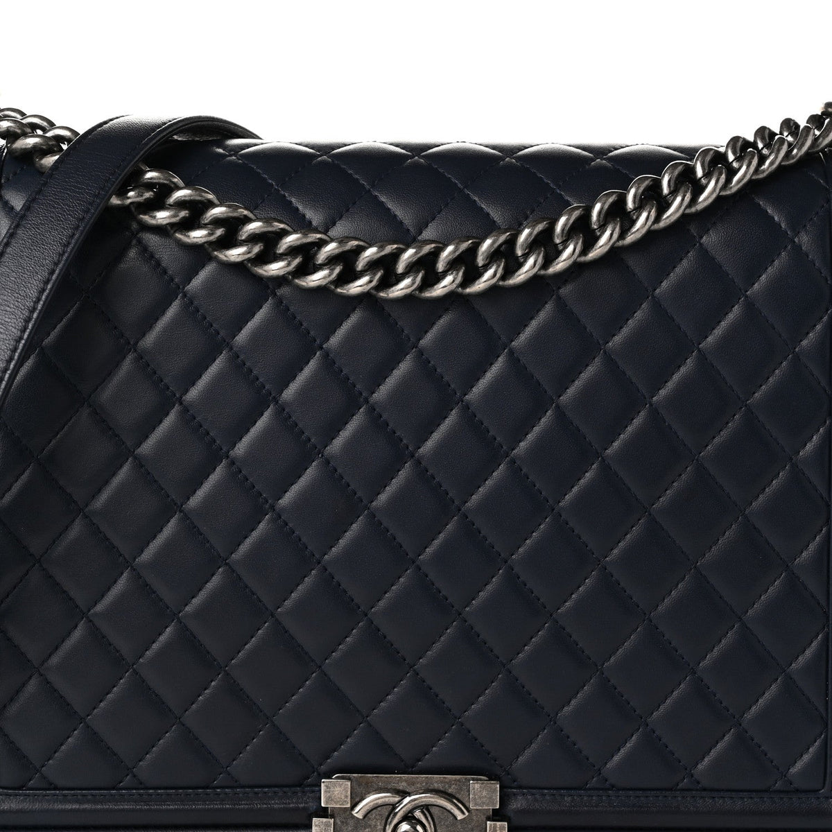 Calfskin Quilted Large Boy Flap Navy Blue