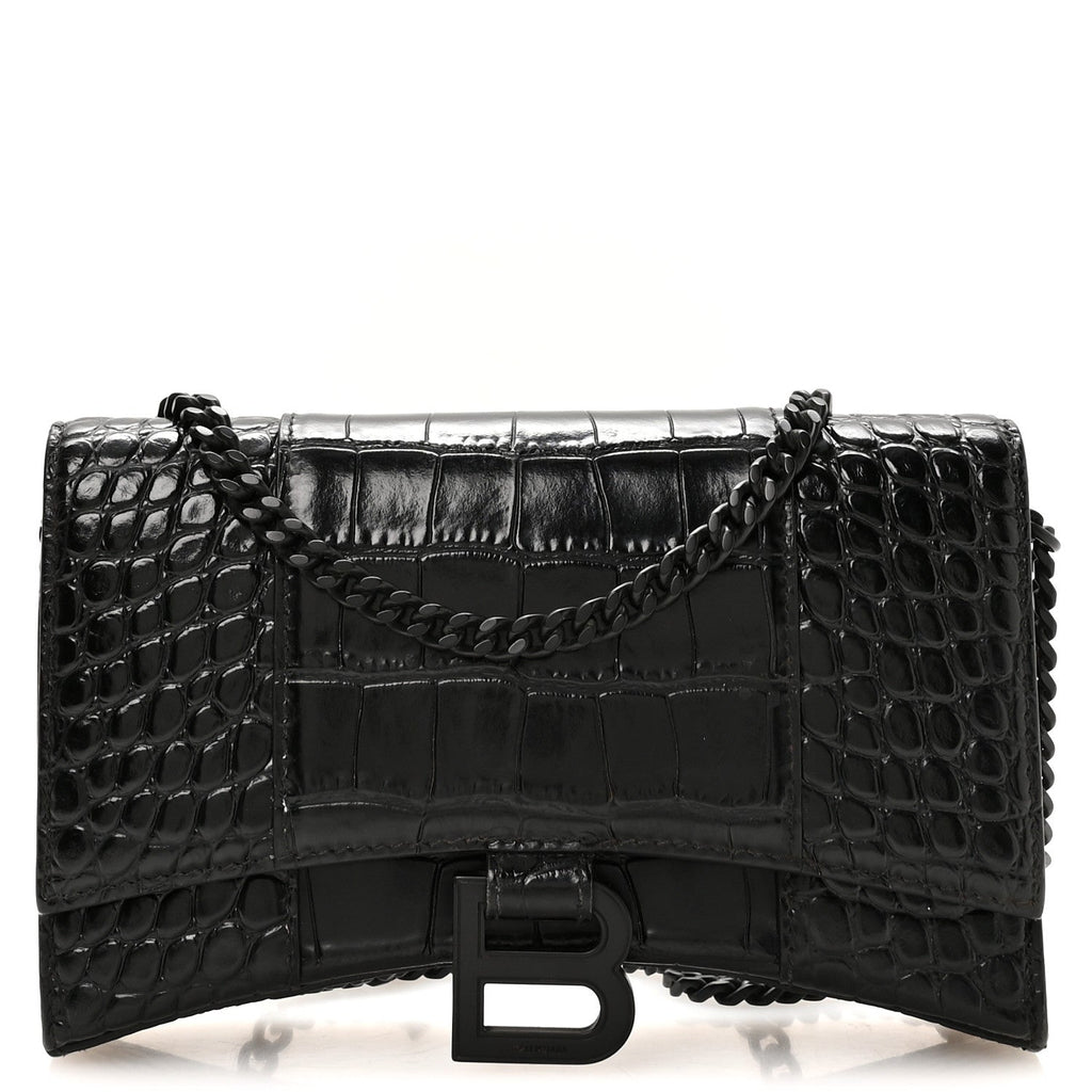 Shiny Calfskin Monochrome Crocodile Embossed Hourglass Chain Bag Black