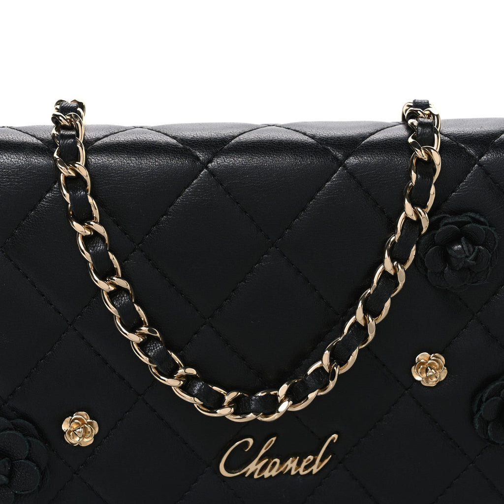 Lambskin Camellia Wallet on Chain WOC Black