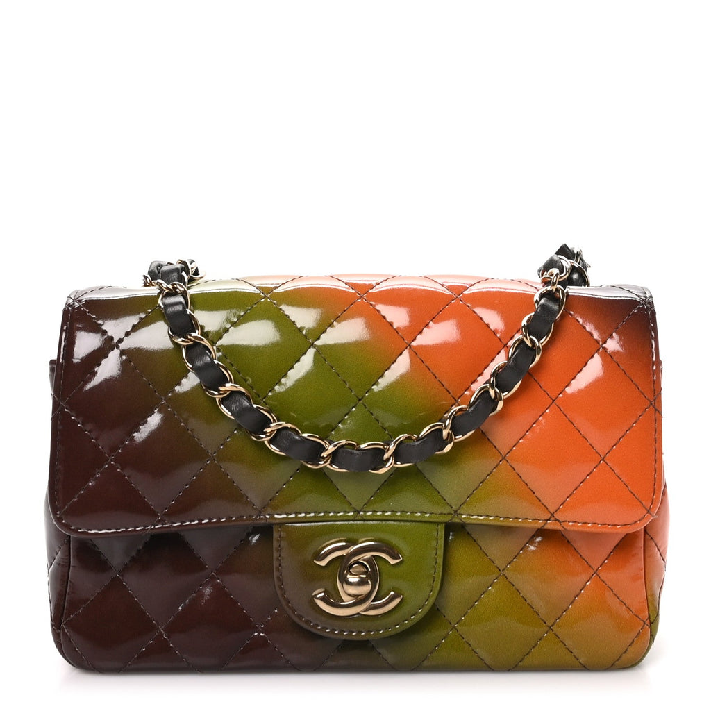 Shaded Patent Calfskin Quilted Mini Rectangular Flap Green Orange Dark Brown