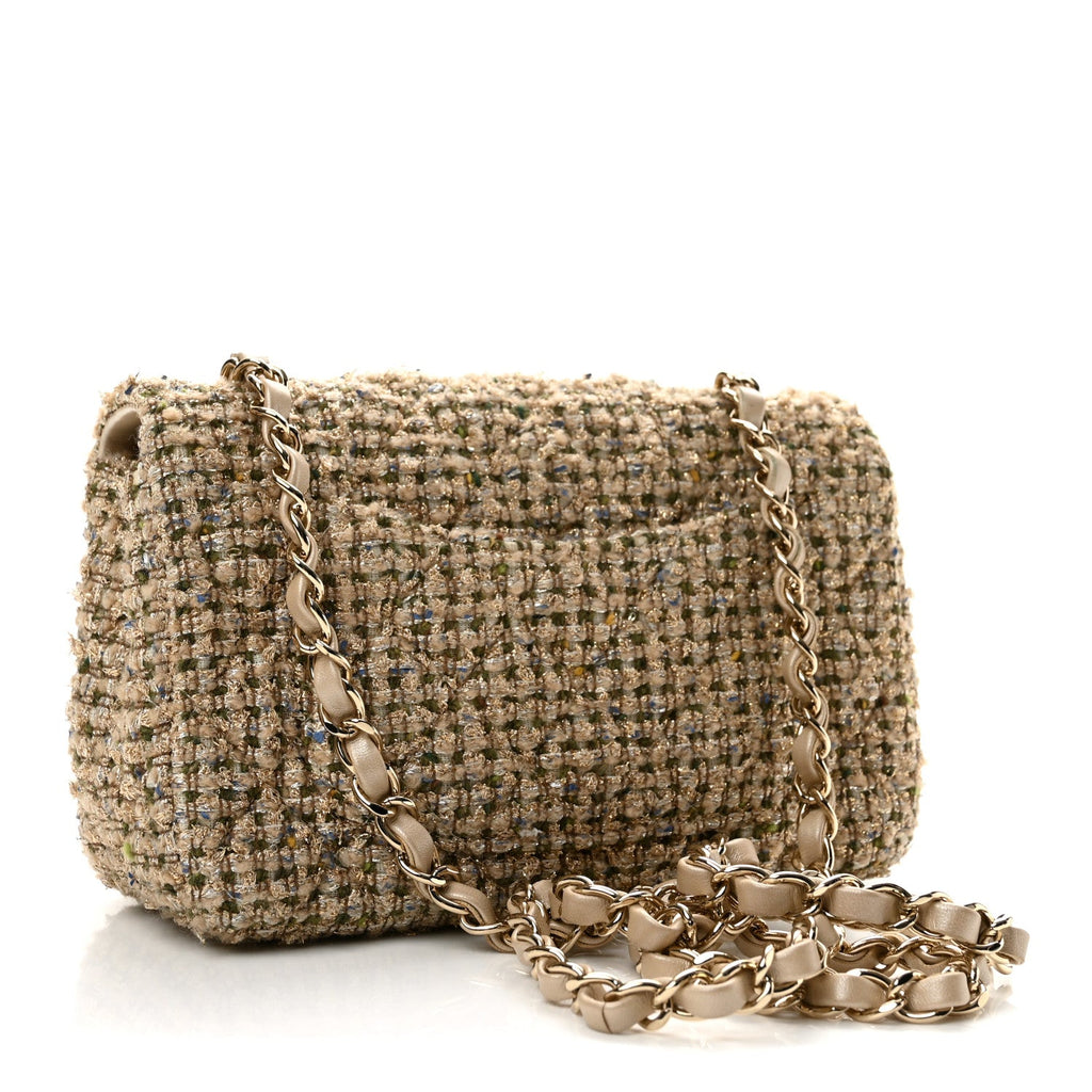 Tweed Quilted Mini Rectangular Flap Beige