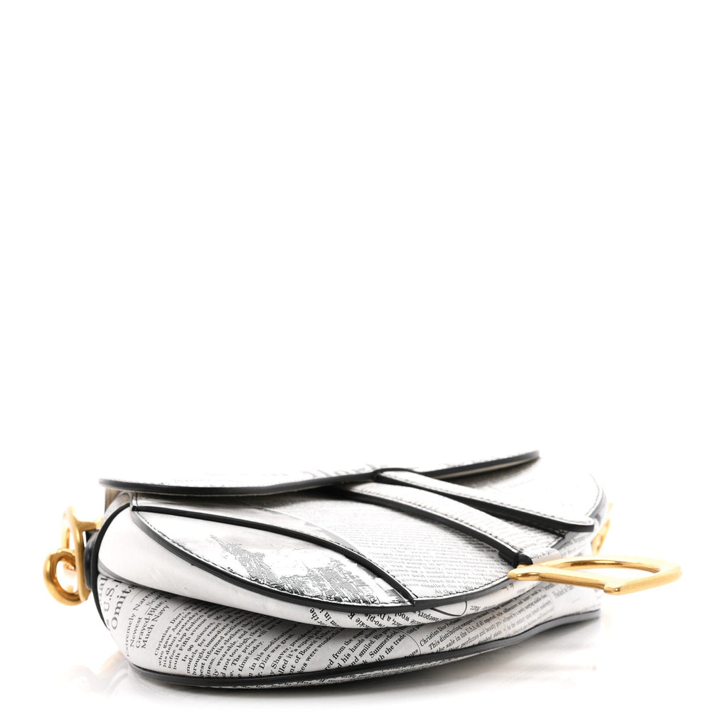 Calfskin Newspaper Printed Saddle Bag With Strap Black White