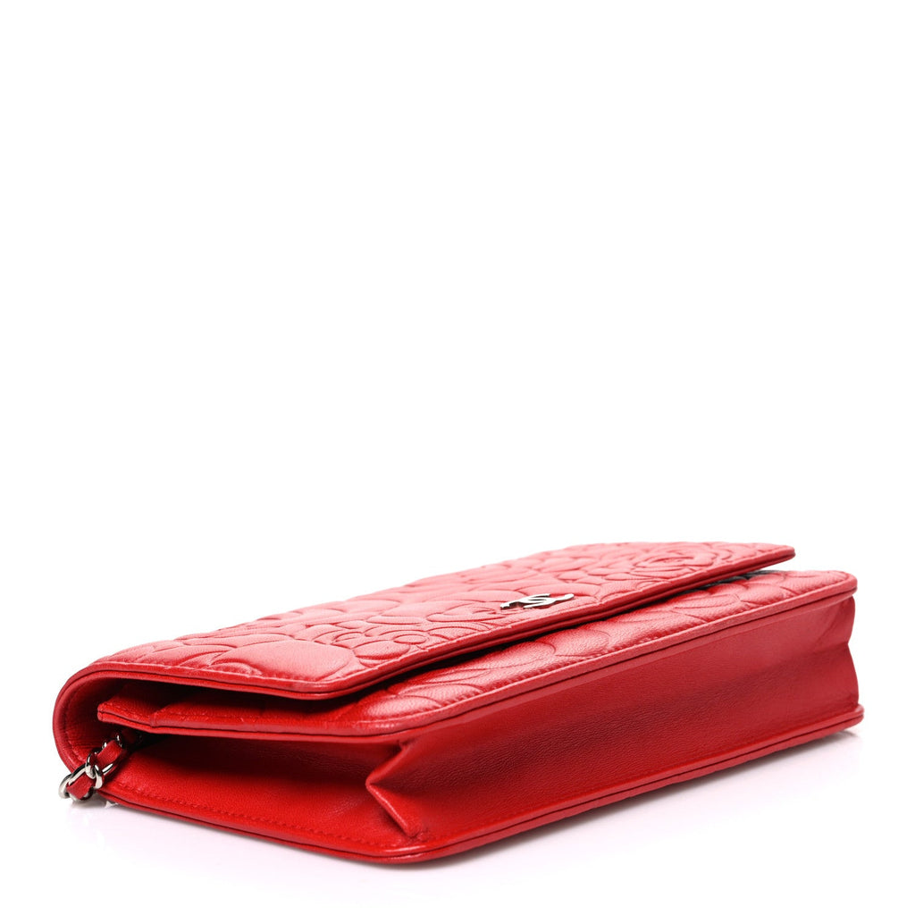 Lambskin Camellia Embossed Wallet on Chain WOC Red