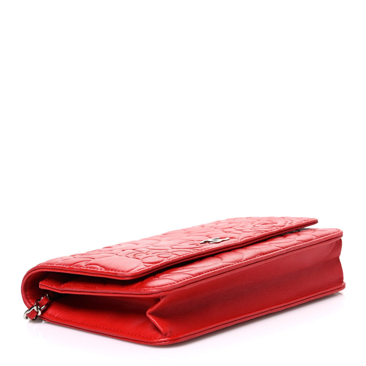 Lambskin Camellia Embossed Wallet on Chain WOC Red