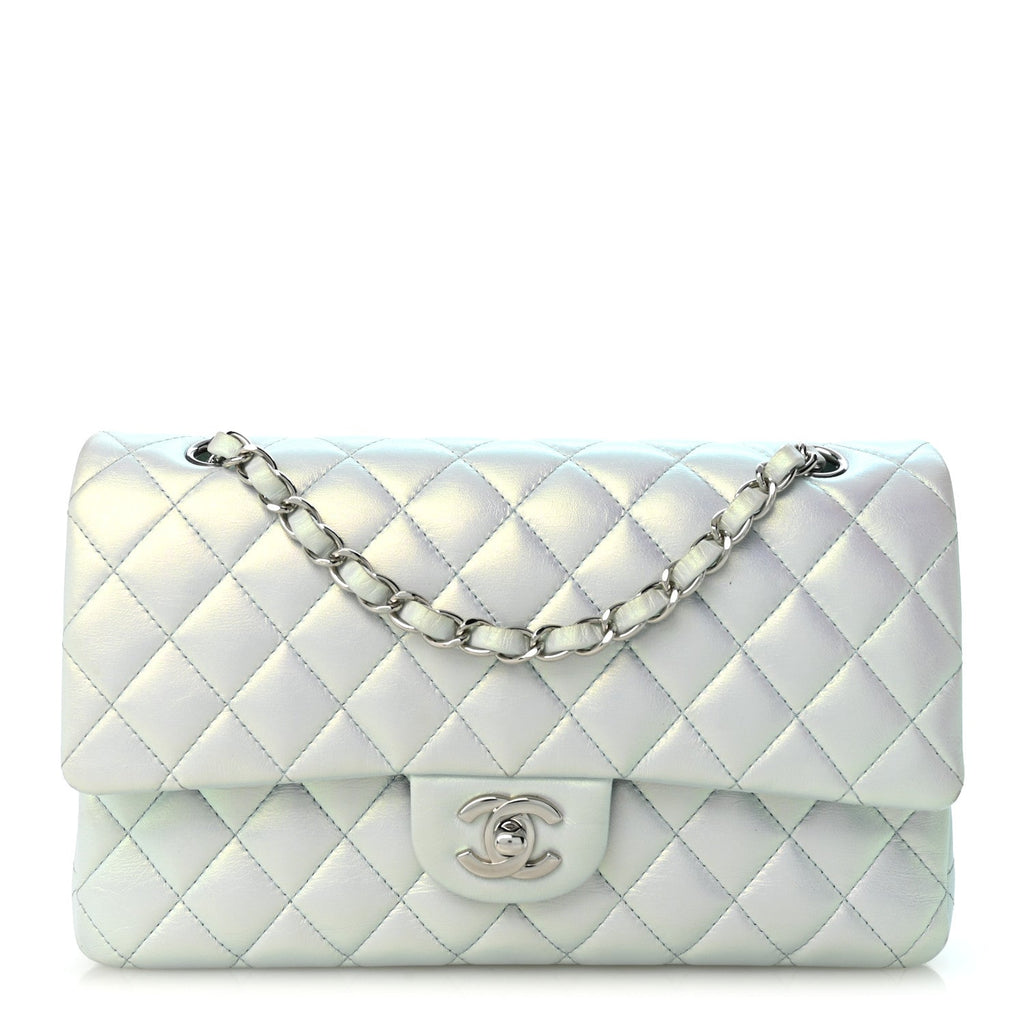 Iridescent Lambskin Quilted Medium Double Flap Light Blue