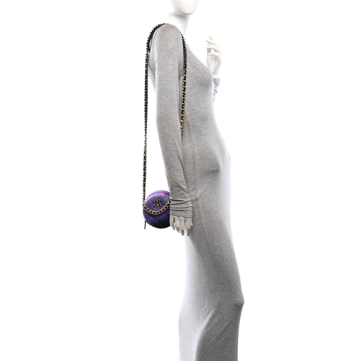 Wool Tweed Chanel 19 Round Clutch With Chain Purple Black Blue
