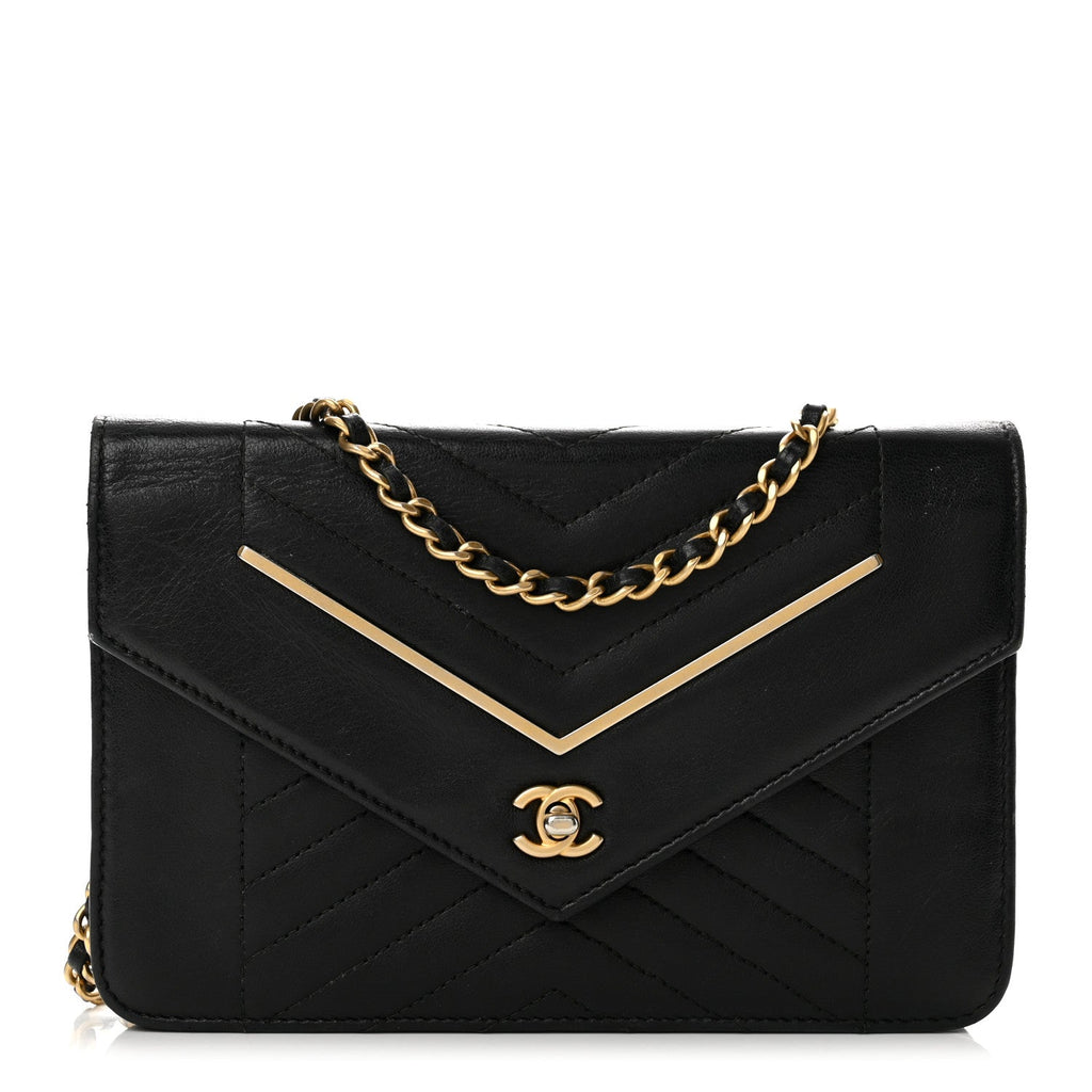 Lambskin Chevron Quilted Wallet On Chain WOC Black