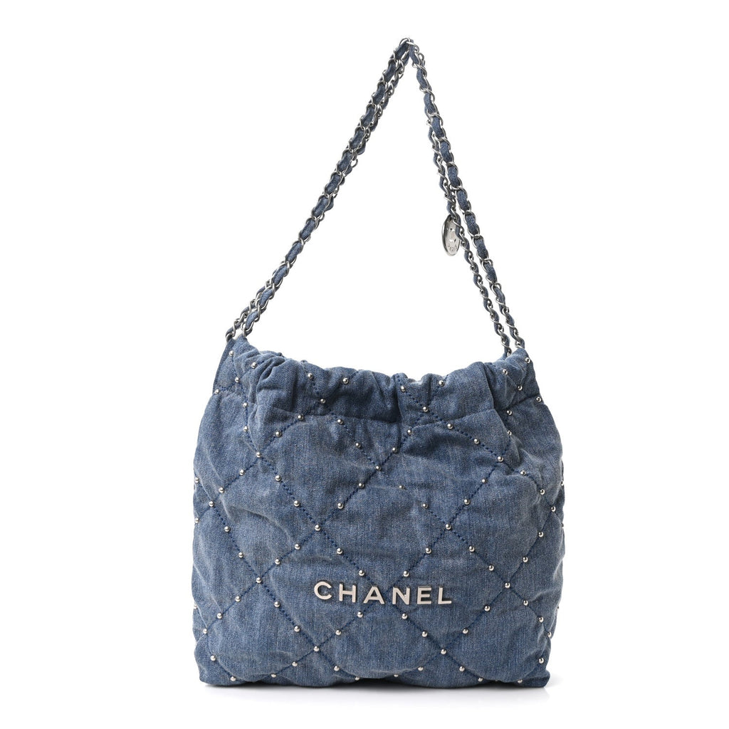 Washed Denim Quilted Studded Small Chanel 22 Blue