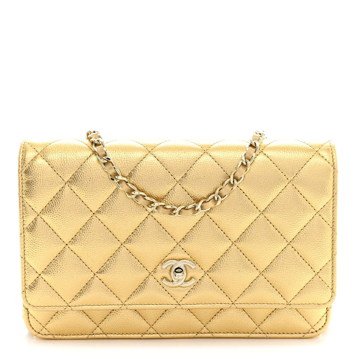 Metallic Caviar Quilted CC Turnlock Wallet On Chain WOC Gold