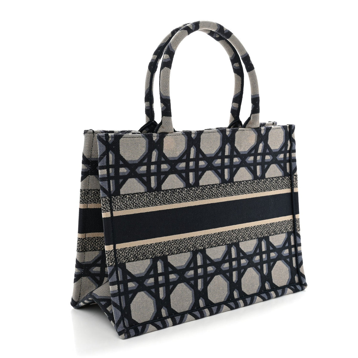 Canvas Macrocannage Embroidered Medium Book Tote Beige Blue