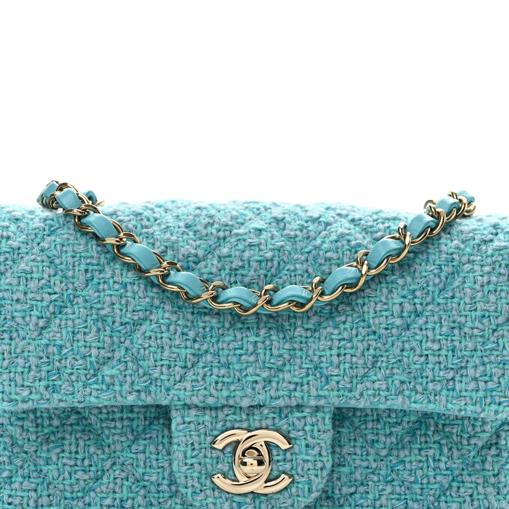 Wool Tweed Quilted Mini Rectangular Flap Turquoise Light Blue