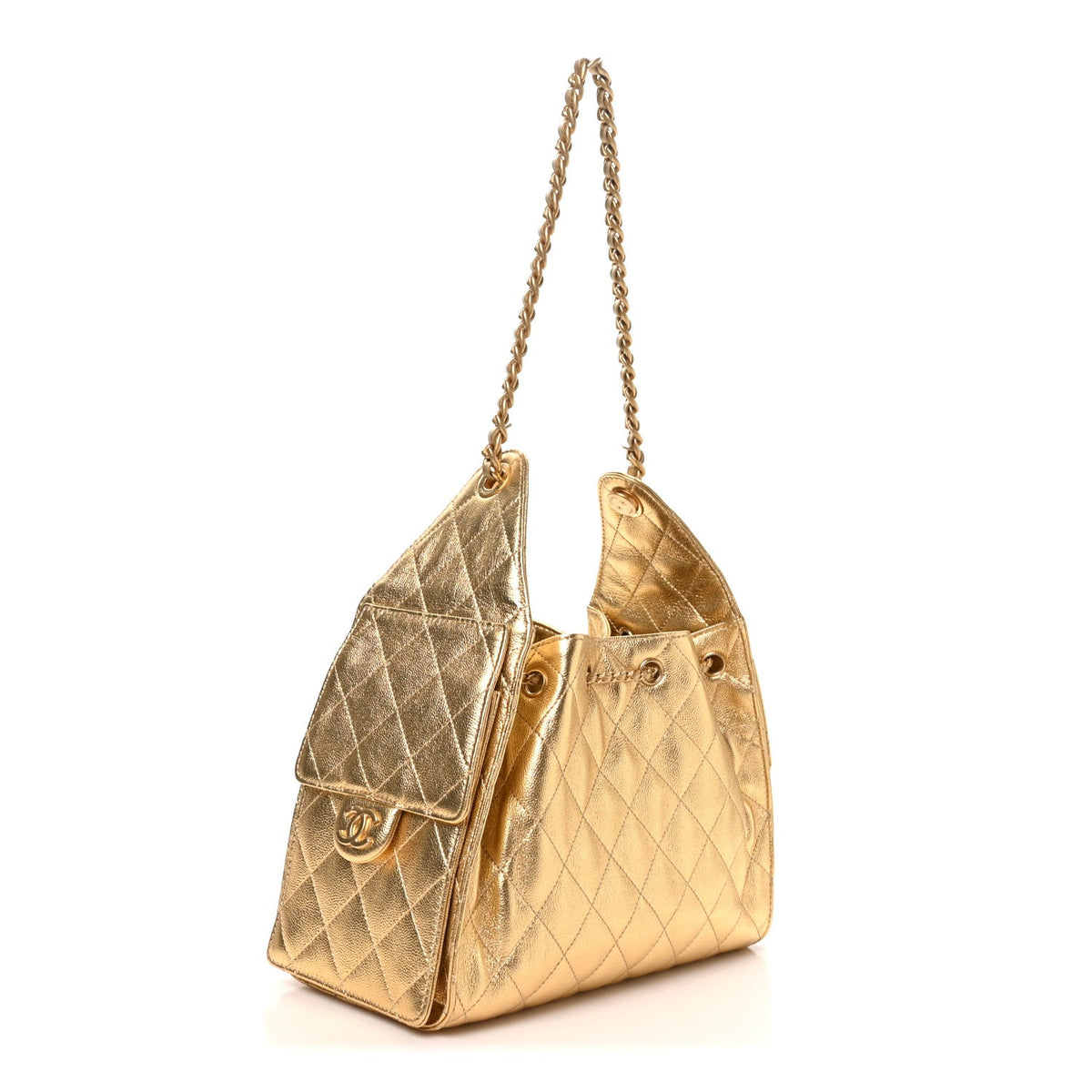 Metallic Caviar Quilted Small Chanel 25 Handbag Gold