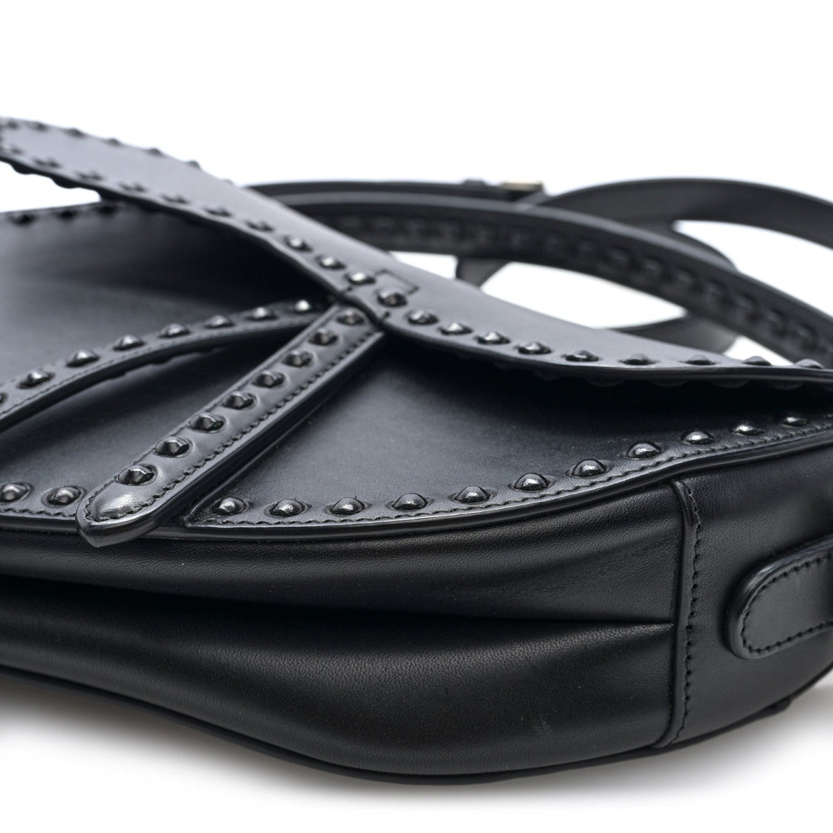 Calfskin Studded Saddle Bag With Strap Black