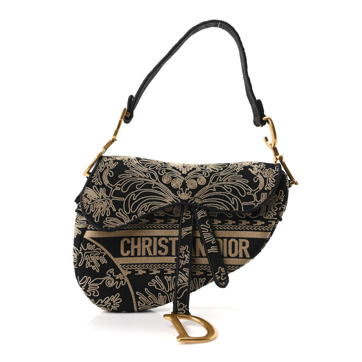 Canvas Embroidered Ornamental Cornely Saddle Bag Black Beige