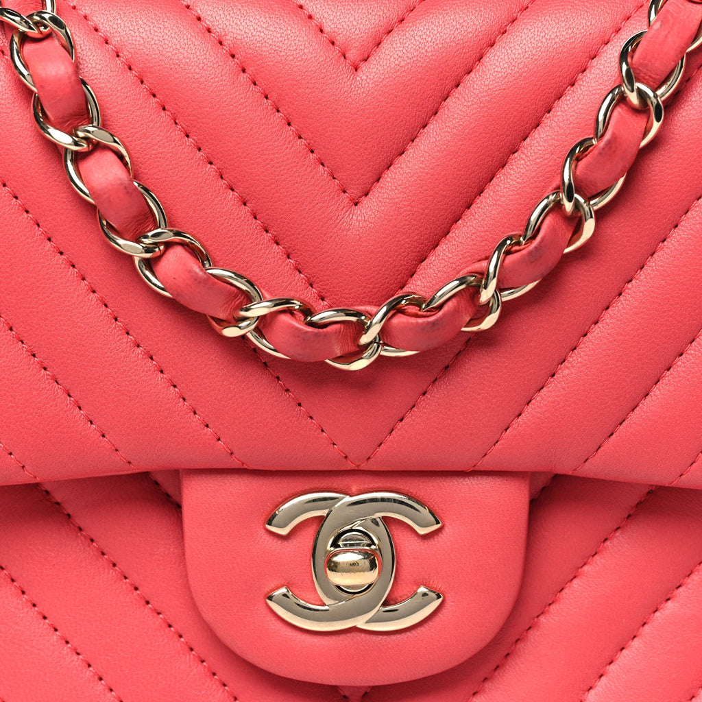 Lambskin Chevron Quilted Mini Square Flap Coral