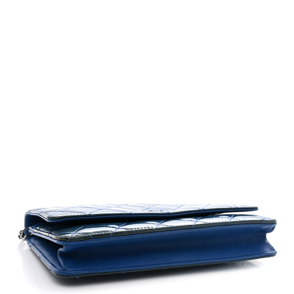 Patent Calfskin Quilted Wallet On Chain WOC Dark Blue