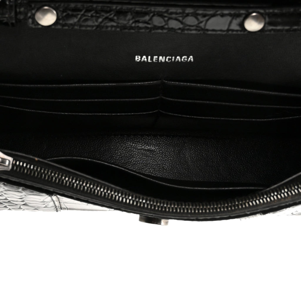 Shiny Calfskin Monochrome Crocodile Embossed Hourglass Chain Bag Black
