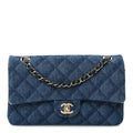 Printed Denim Quilted Medium Double Flap Dark Blue