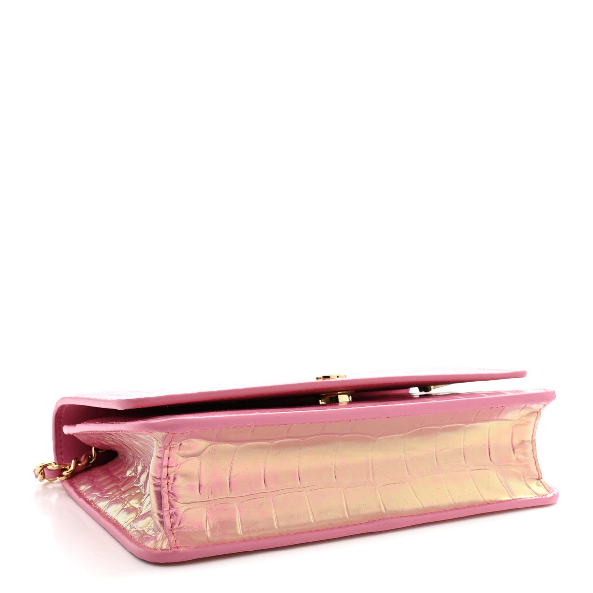 Iridescent Calfskin Crocodile Embossed Wallet On Chain WOC Pink