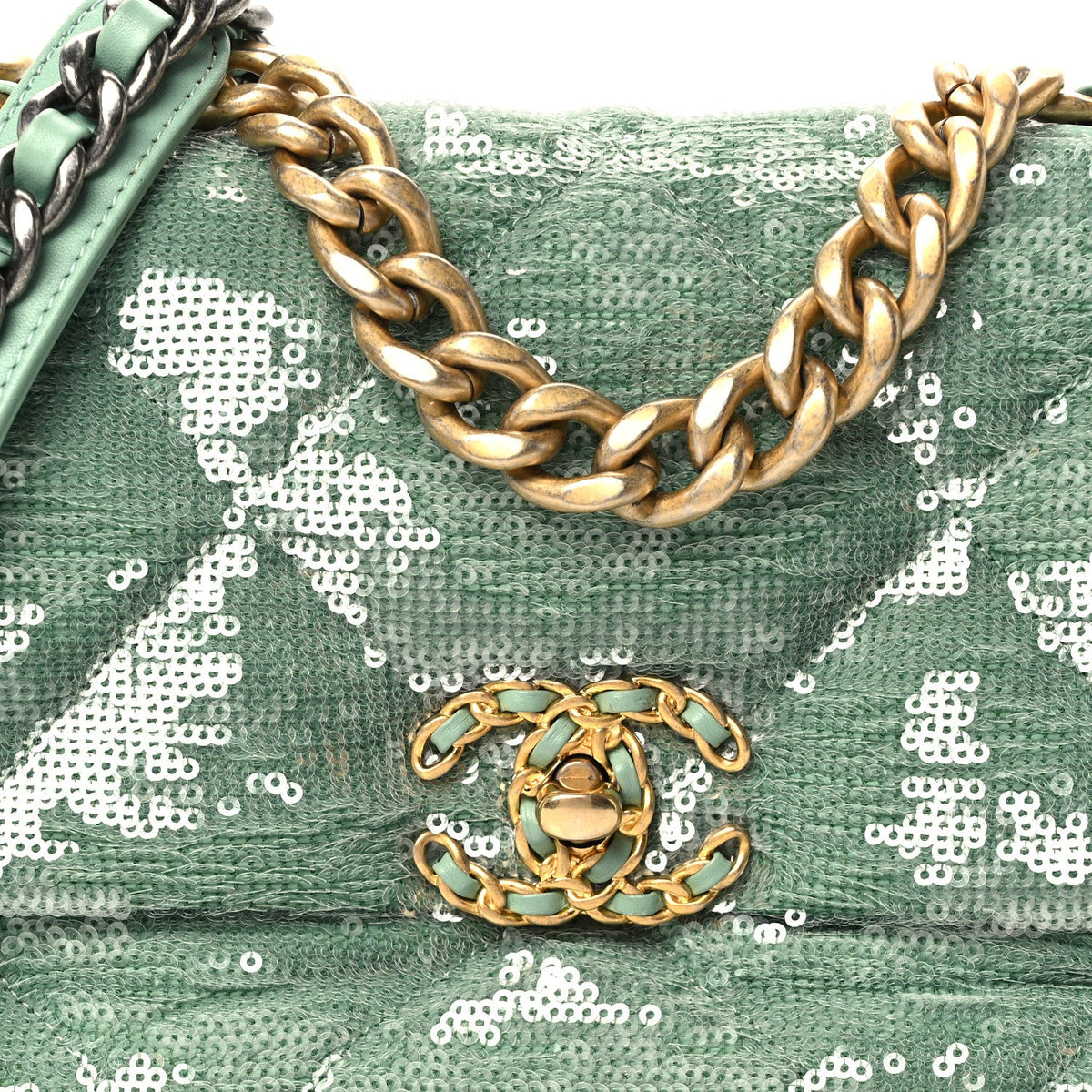 Sequin Quilted Medium Chanel 19 Flap Light Green