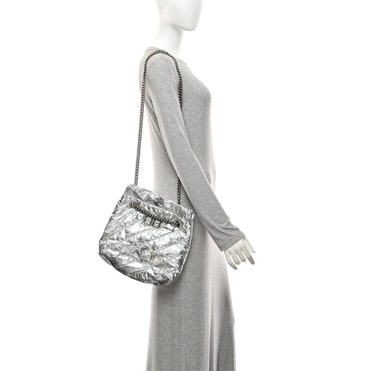 Crushed Calfskin Quilted Crush Small Tote Bag Silver