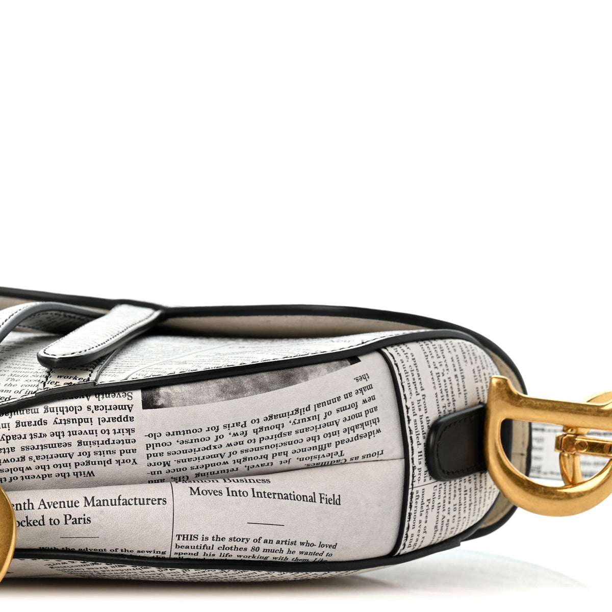 Calfskin Newspaper Printed Saddle Bag With Strap Black White