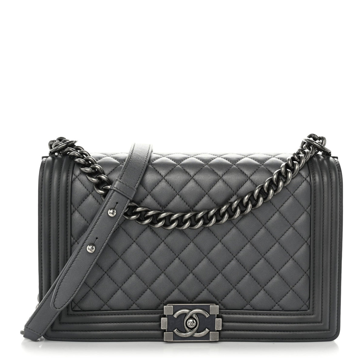 Metallic Calfskin Quilted New Medium Boy Flap Grey