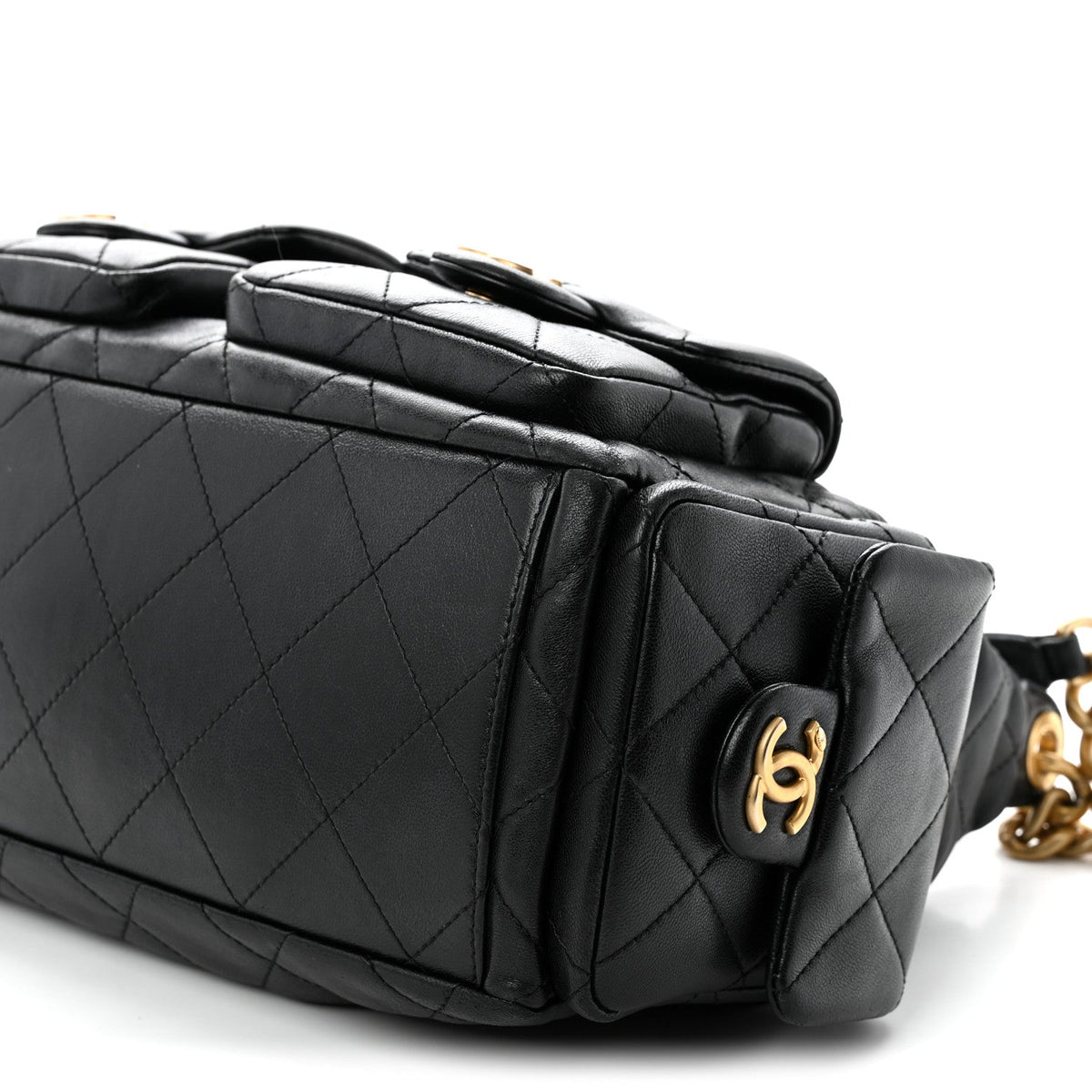 Shiny Lambskin Quilted Large Trendy Pockets Hobo Black