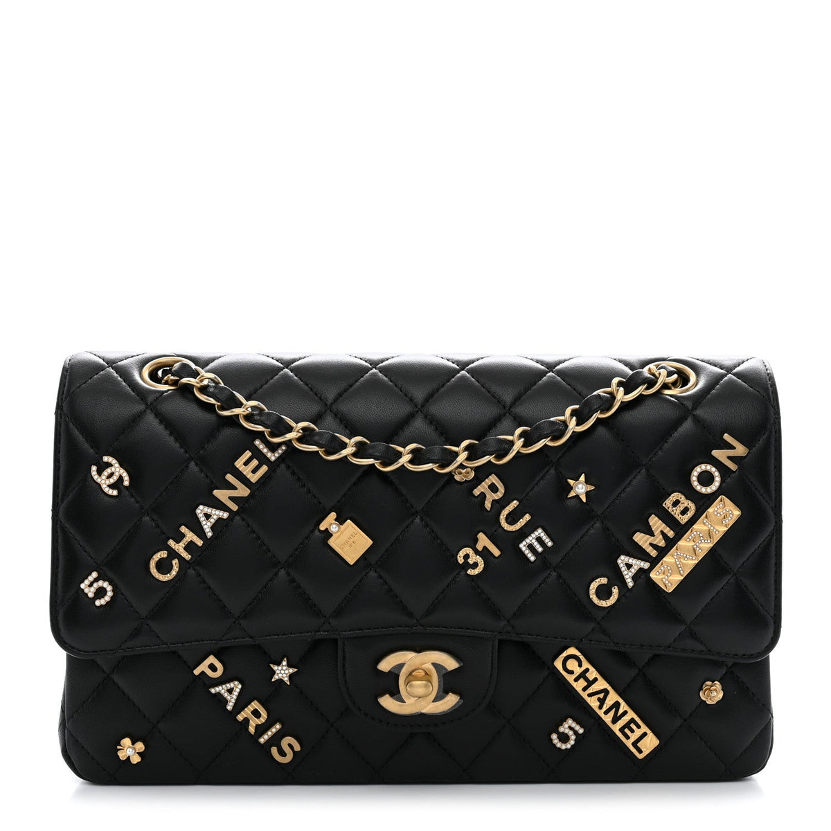 Lambskin Quilted Medium Rue Cambon Charms Double Flap Black