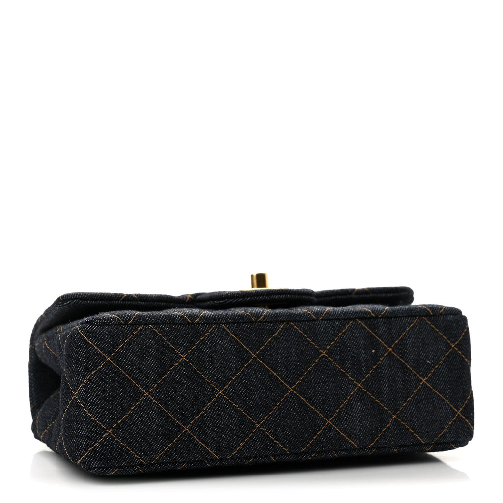 Denim Quilted Mini Rectangular Flap Dark Blue