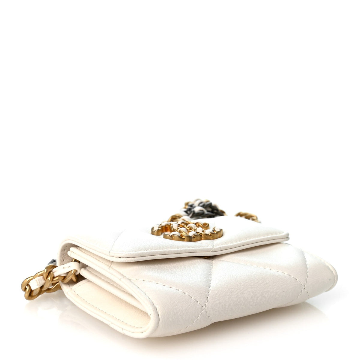 Lambskin Quilted Chanel 19 Flap Coin Purse With Chain White