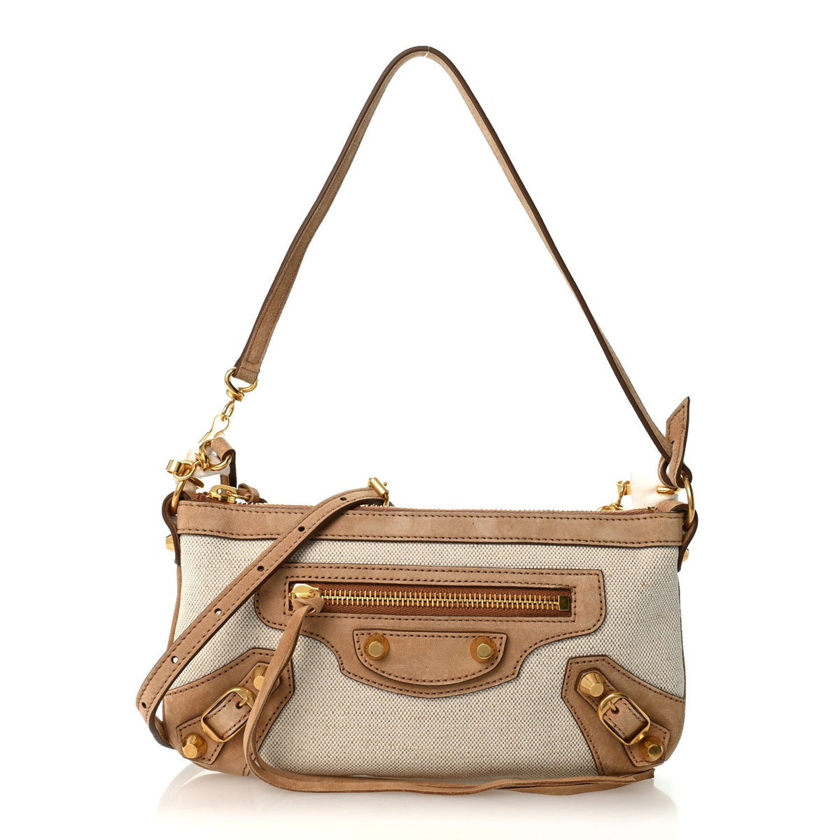 Linen Canvas Waxed Suede Calfskin Aged Gold Hardware Le City Pouch On Strap Beige Camel
