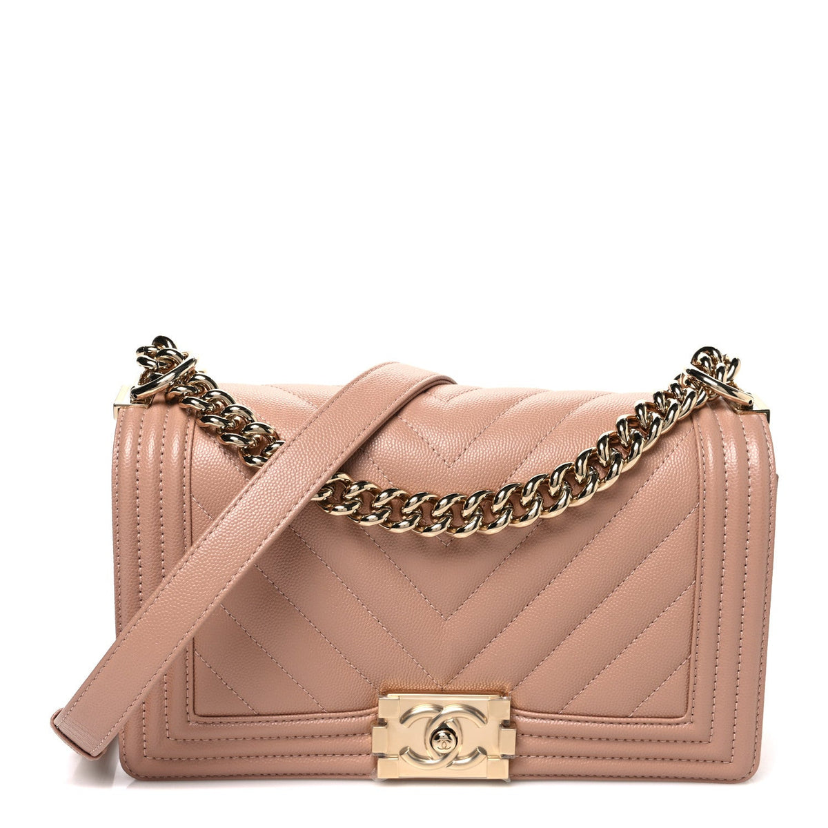 Caviar Chevron Quilted Medium Boy Flap Beige