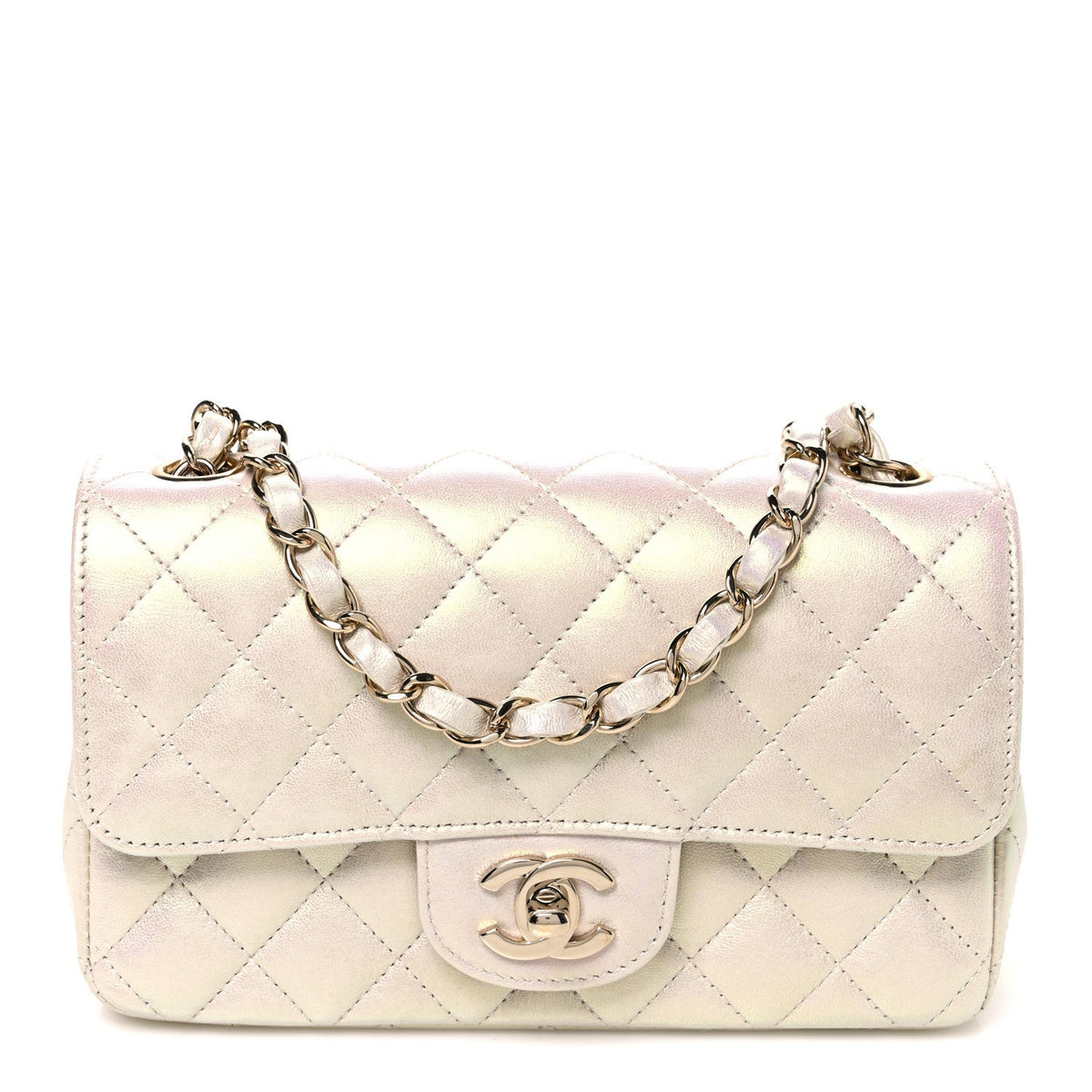 Iridescent Lambskin Quilted Mini Rectangular Flap Ivory