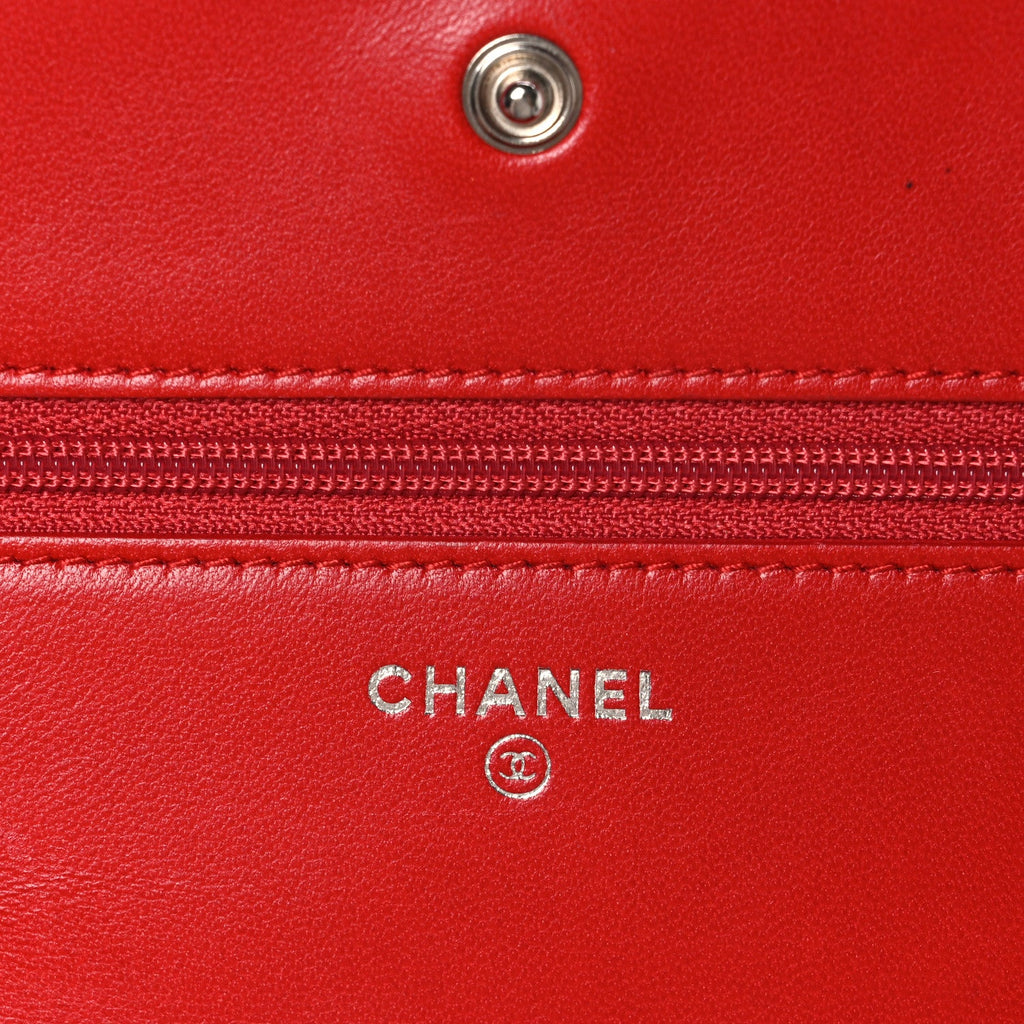 Lambskin Camellia Embossed Wallet on Chain WOC Red