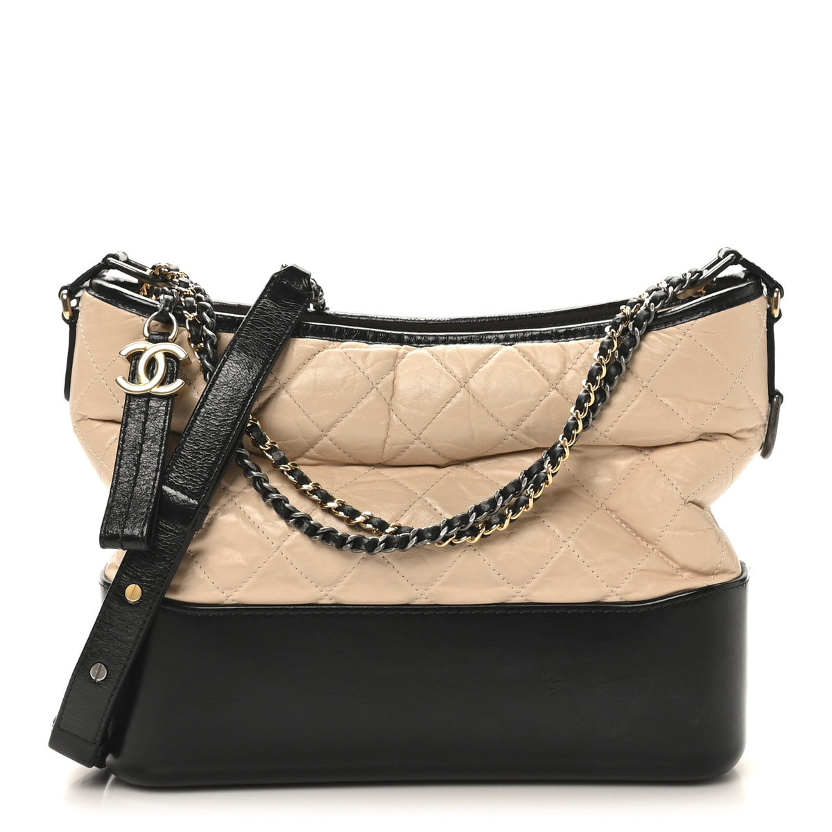 Aged Calfskin Quilted Medium Gabrielle Hobo Beige Black