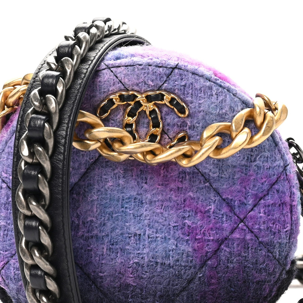 Wool Tweed Chanel 19 Round Clutch With Chain Purple Black Blue