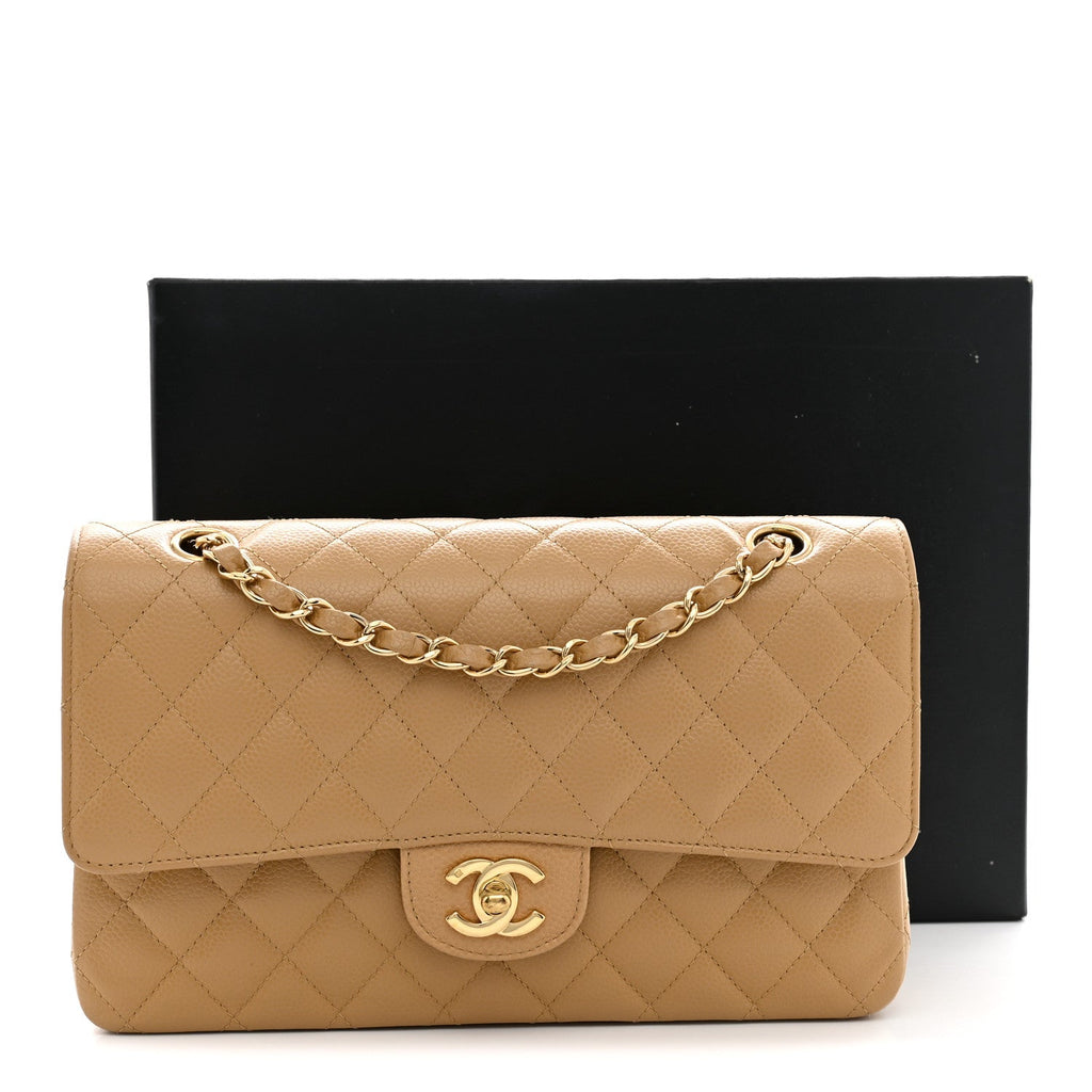 Caviar Quilted Medium Double Flap Beige