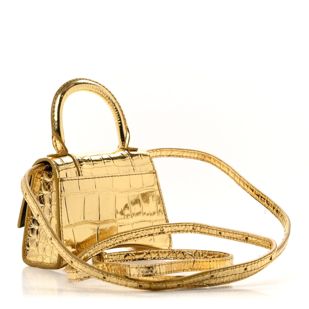 Metallic Calfskin Crocodile Embossed Hourglass Top Handle Bag Mini Gold