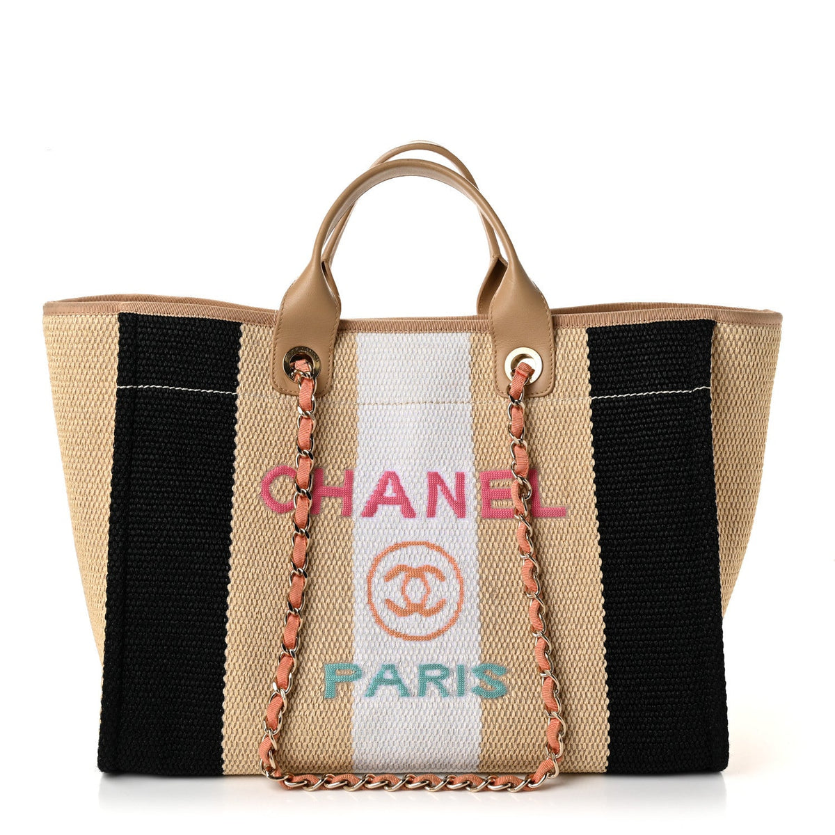 Straw Raffia Calfskin Striped Medium Deauville Tote Black Beige Ivory