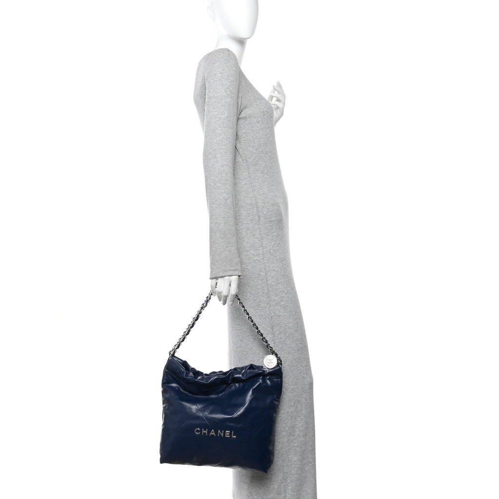 Shiny Calfskin Quilted Small Chanel 22 Navy