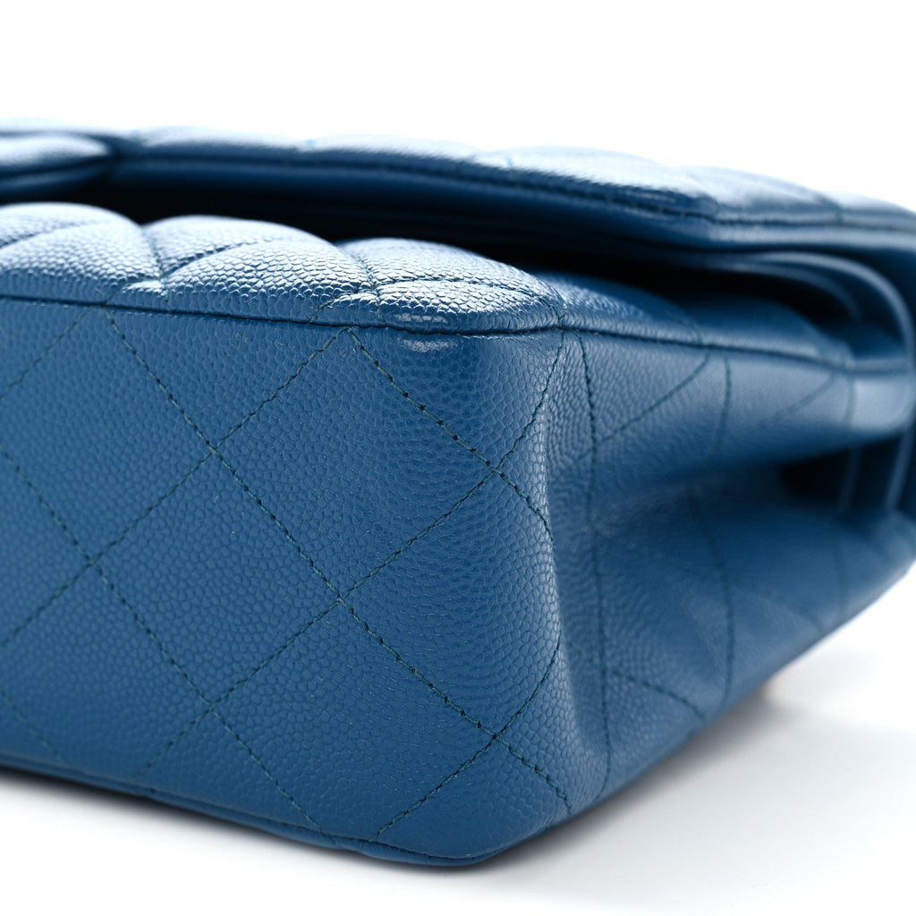 Caviar Quilted Medium Double Flap Blue
