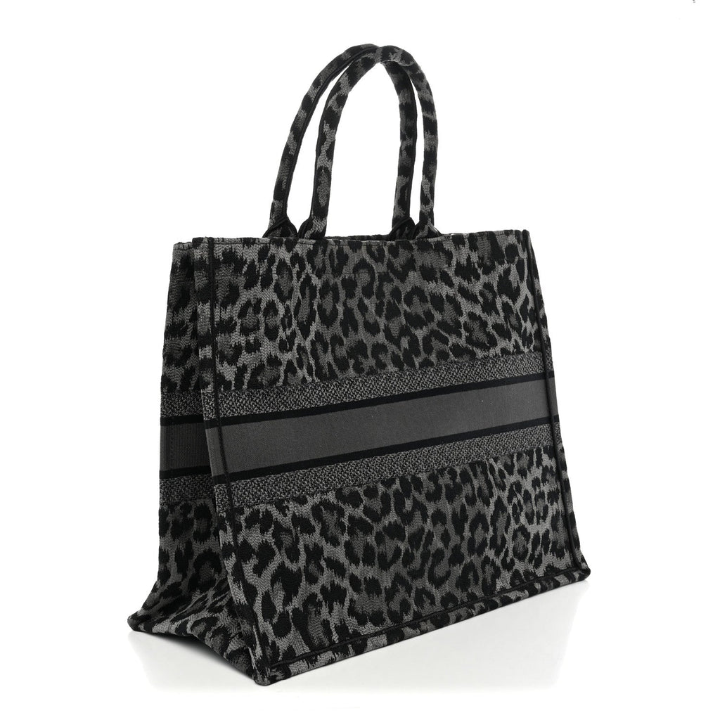 Canvas Mizza Embroidered Large Leopard Book Tote Grey