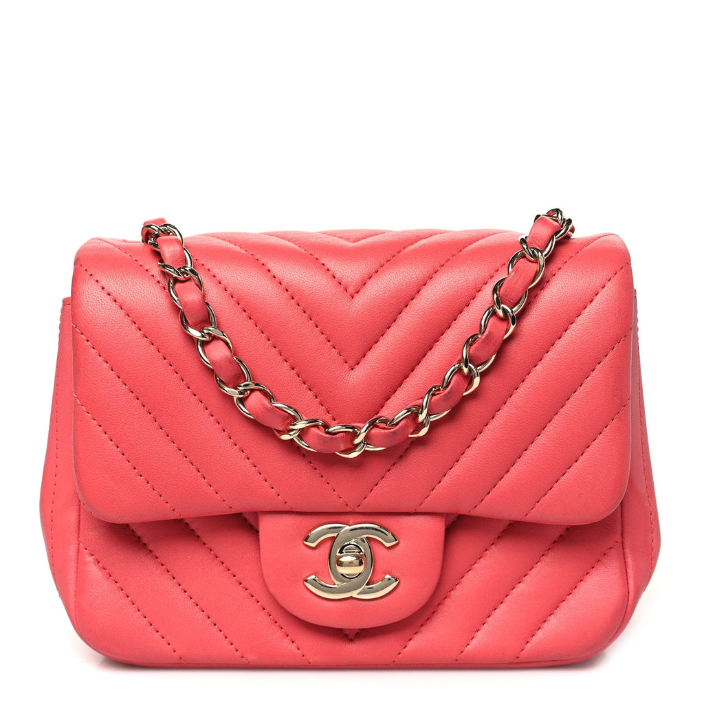 Lambskin Chevron Quilted Mini Square Flap Coral