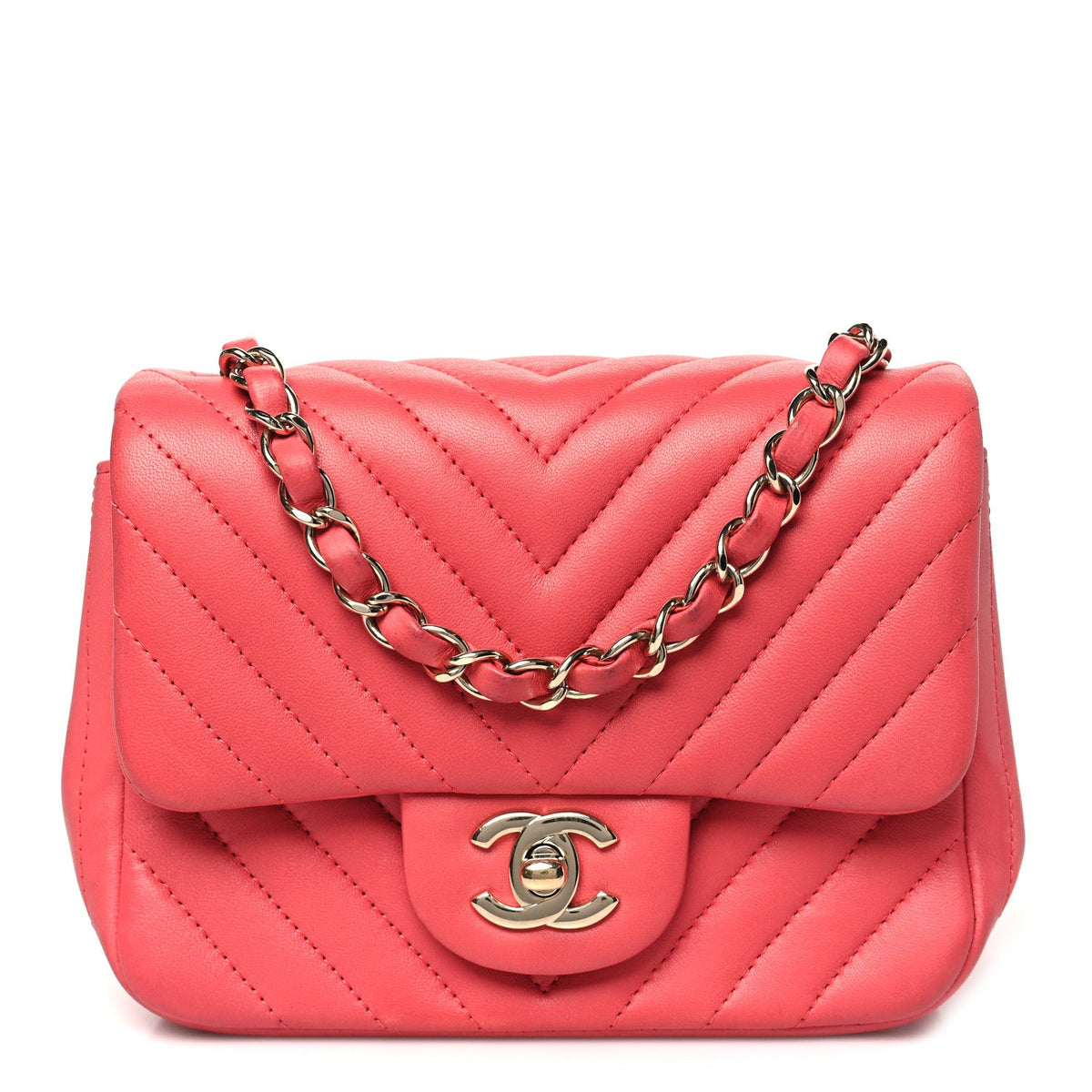 Lambskin Chevron Quilted Mini Square Flap Coral