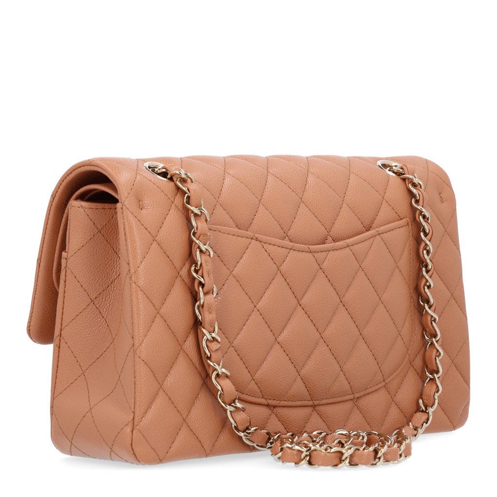 Caviar Quilted Medium Double Flap Light Brown