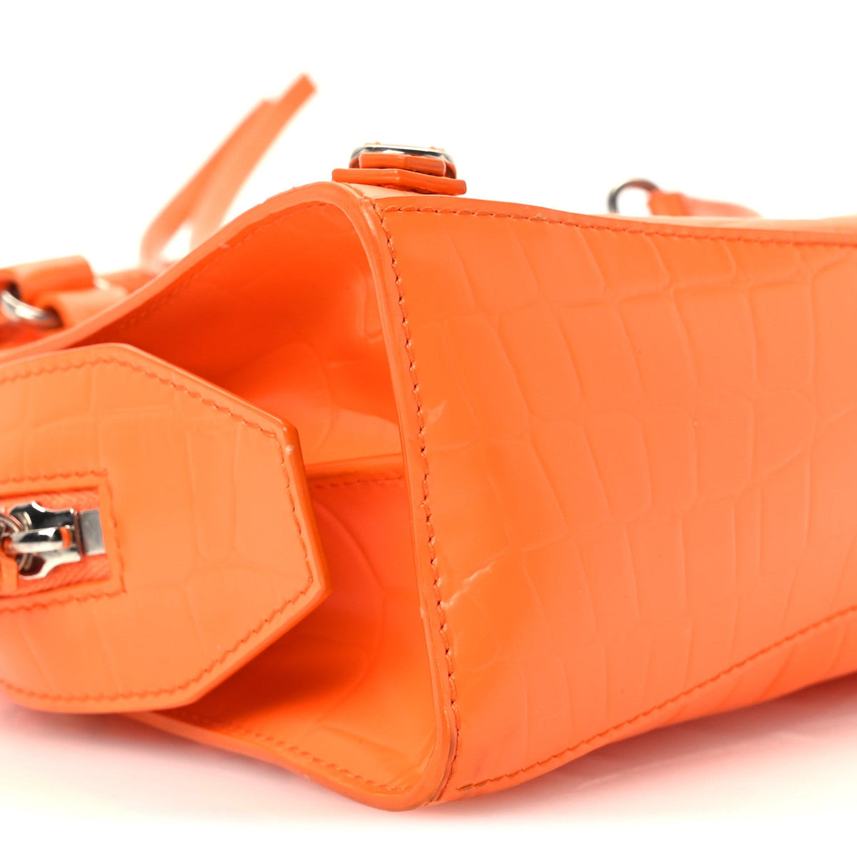 Semi Shiny Calfskin Crocodile Embossed Neo Classic Silver Hardware Mini City Orange