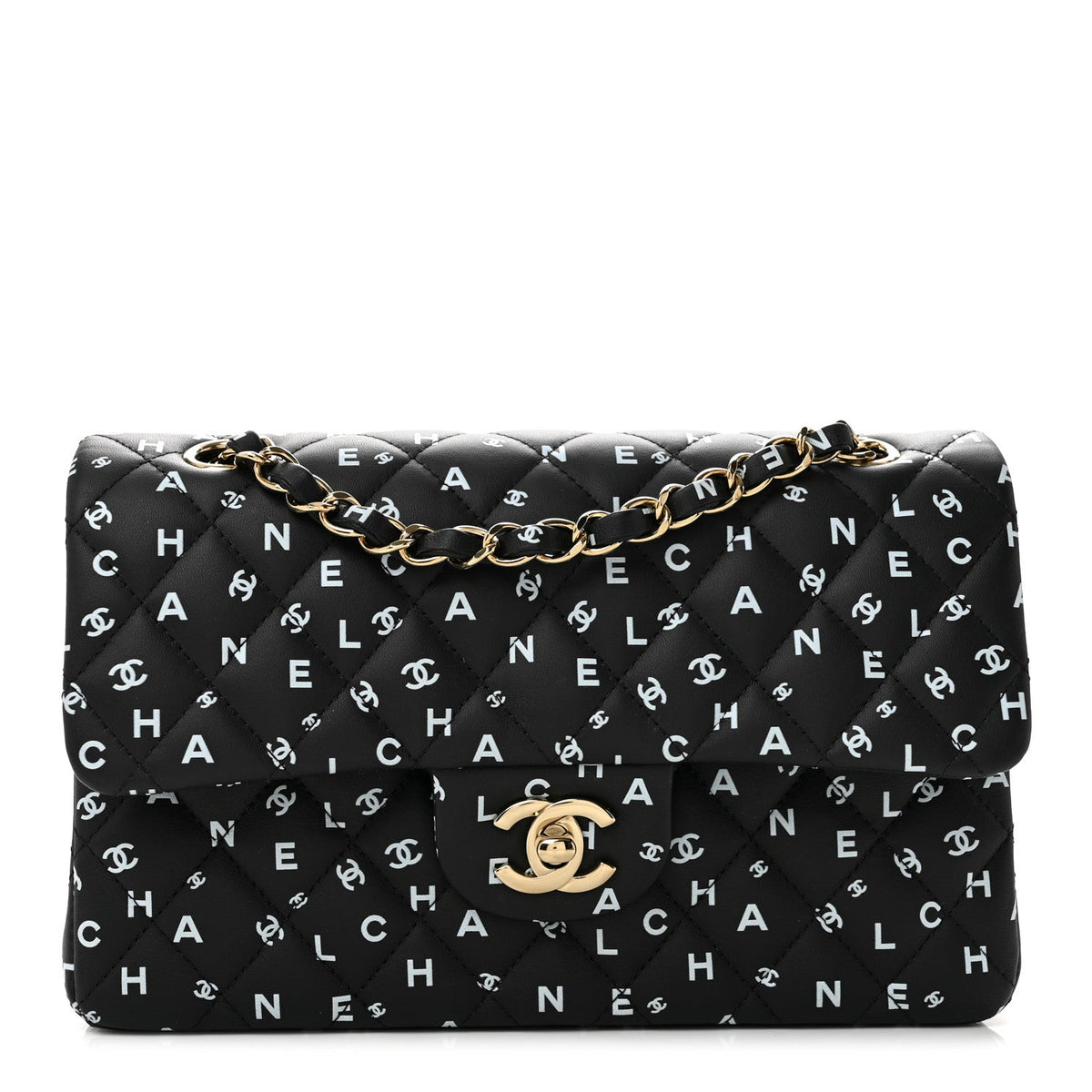 Calfskin Quilted Logo CC Printed Small Double Flap Black White